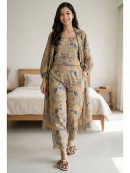 SAY - Beige Round Neck Floral Print Pure Cotton Night Suit for Women