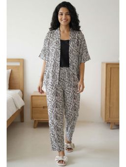 SAY - White V-Neck Abstract Print Pure Cotton Night Suit for Women