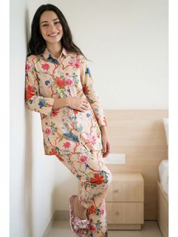 SAY - Peach Collar Neck Floral Print Pure Cotton Night Suit for Women