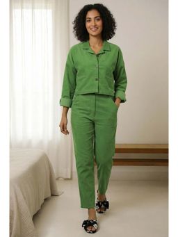 SAY - Green Collar Neck Solid Print Cotton Blend Night Suit for Women