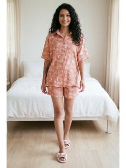SAY - Peach Collar Neck Abstract Printed Pure Cotton Night Suit for Women