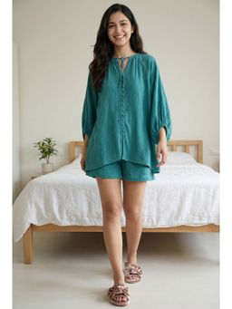 SAY - Green V-Neck Solid Print Pure Cotton Night Suit for Women