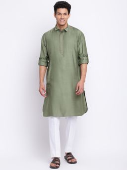 Fabindia - Olive Viscose Silk Woven Long Kurta