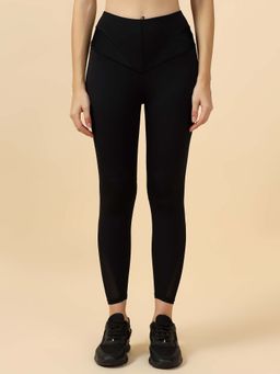 Fitkin - Women Black High-Waist Tights with Mesh Waist Panels