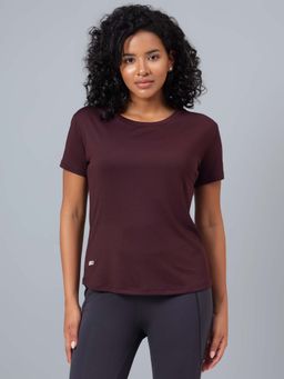 Dida - Burgundy Women's Round Neck Solid Poly Fine T-Shirt
