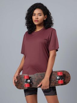 Dida - Burgundy Women's Round Neck Solid Poly Fine T-Shirt