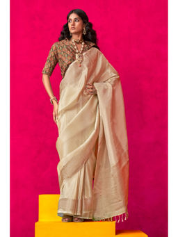 Mysilklove - Bison Cream Tissue Silk Handloom Saree with Unstitched Blouse