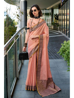 Mysilklove - Peach Hazel Wood Linen Tissue Silk Handloom Saree with Unstitched Blouse