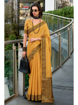 Mysilklove - Yellow Hazel Wood Linen Tissue Silk Handloom Saree with Unstitched Blouse
