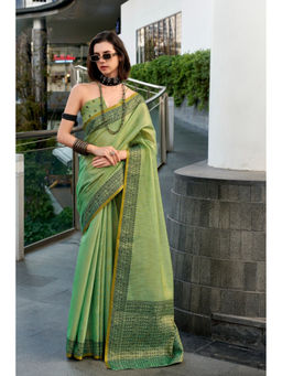 Mysilklove - Green Hazel Wood Linen Tissue Silk Handloom Saree with Unstitched Blouse