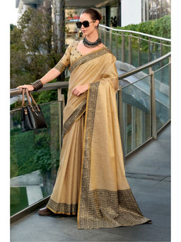 Mysilklove - Beige Hazel Wood Linen Tissue Silk Handloom Saree with Unstitched Blouse
