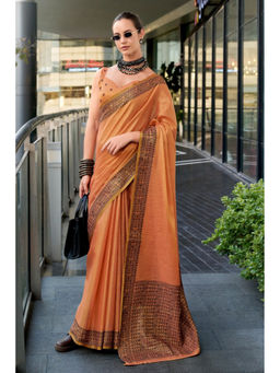 Mysilklove - Orange Hazel Wood Linen Tissue Silk Handloom Saree with Unstitched Blouse