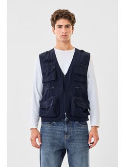 Snitch - Navy Plain Sleeveless Regular Casual Jacket for Men