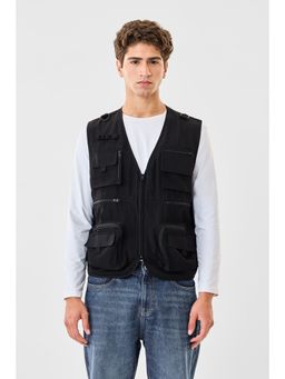 Snitch - Black Plain Sleeveless Regular Casual Jacket for Men