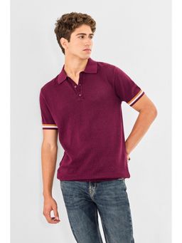 Snitch - Burgundy Textured Half Sleeves Regular Casual Polo T-Shirt for Men