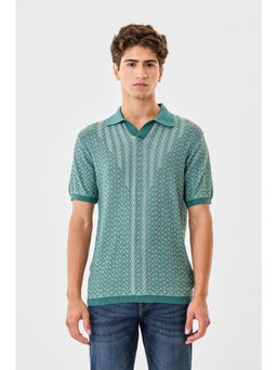 Snitch - Teal Chevron Knit Half Sleeves Regular Casual Polo T-Shirt for Men