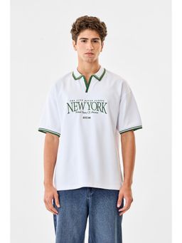 Snitch - White Typography Half Sleeves Oversized Casual Polo T-Shirt for Men