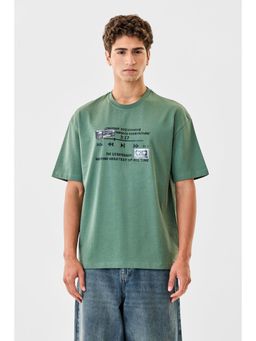 Snitch - Green Typography Half Sleeves Oversized Casual T-Shirt for Men