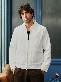 Campus Sutra - Men's Chalk White Zip-Front Crease-Tactile Jacket