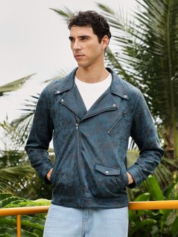 Campus Sutra - Men's Blue Embossed-Suede Biker Jacket