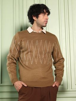Campus Sutra - Men's Brown Zigzag-Jacquard Pullover Sweater
