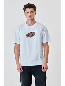 Snitch - White Graphic Half Sleeves Oversized Casual T-Shirt for Men