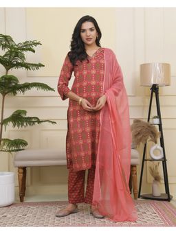 Vaasva Jaipur - Vaasva Women Maroon Cotton Kurta With Cotton Pant And Dupatta (Set of 3)