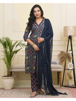 Vaasva Jaipur - Vaasva Women Navy Cotton Kurta With Cotton Pant And Dupatta (Set of 3)