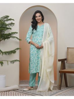 Vaasva Jaipur - Vaasva Women Aqua Marine Cotton Kurta With Cotton Pant And Dupatta (Set of 3)