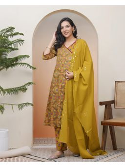 Vaasva Jaipur - Vaasva Women Mustard Cotton Angrakha Kurta With Pant & Dupatta (Set of 3)