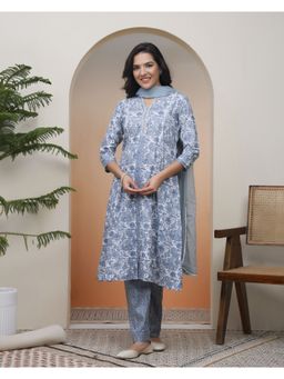 Vaasva Jaipur - Vaasva Women Grey Panel Kurta With Cotton Pant And Dupatta (Set of 3)