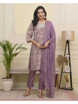Vaasva Jaipur - Vaasva Women Lavender Tissue Shimmer Kurta With Silk Pant And Dupatta (Set of 3)