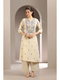 Cotton Culture - Beige Handloom Cotton Embroidered Straight Kurta And Pant (Set of 2)