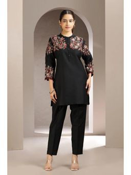 Cotton Culture - Black Poly Silk Embroidered Straight Tunic And Pant (Set of 2)