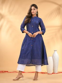 CHARUKRITI - Blue Textured Cotton Handloom A-Line Kurta