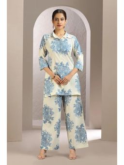 Cotton Culture - White And Blue Cotton Straight Printed Tunic And Pant (Set of 2)