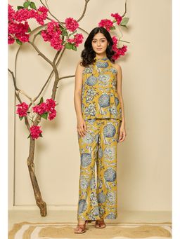 Kasya - Yellow Viscose Printed Halter Neck Co-ords (Set of 2)