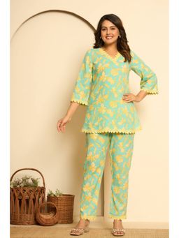 Kasya - Blue Cotton V-Neck Co-ords (Set of 2)