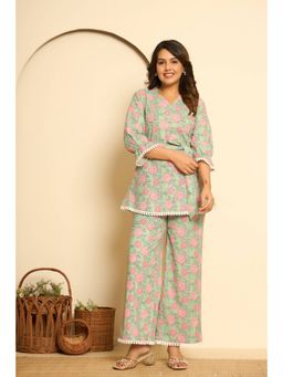 Kasya - Green Cotton Printed V-Neck Co-ords (Set of 3)