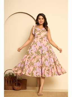 Kasya - Pink Cotton Printed Tiered Midi Dress