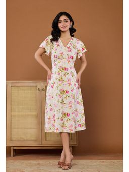Kasya - White Cotton Printed V-Neck Midi Dress