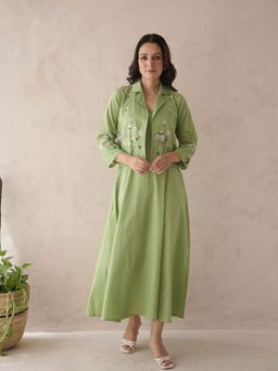 ONEWE INDIA - Iri Sage Green Embroidery Cotton Maxi Jacket Dress (Set of 2)