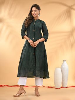 CHARUKRITI - Bottle Green Textured Cotton Handloom A-Line Kurta With Pant (Set of 2)