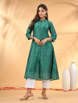 CHARUKRITI - Green Textured Cotton Handloom A-Line Kurta With Pant (Set of 2)