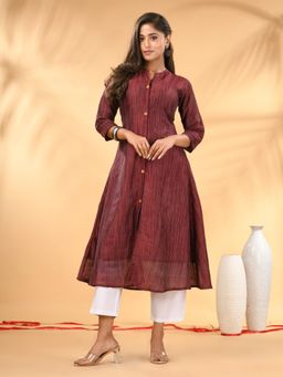 CHARUKRITI - Maroon Textured Cotton Handloom A-Line Kurta With Pant (Set of 2)