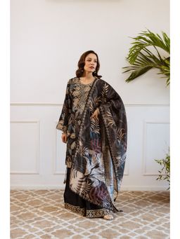 Nehamta - Women's Black German Rayon Kurta, Divider Palazzo And Dupatta (Set of 3)