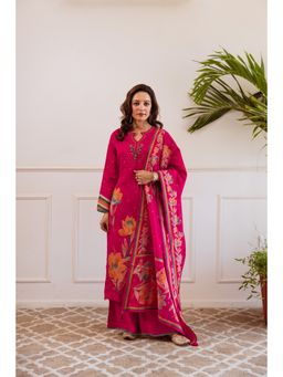 Nehamta - Women's Rani Pink Modal Muslin Kurta, Palazzo And Dupatta (Set of 3)