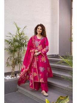 Nehamta - Women's Rani Pink Modal Muslin Kurta, Palazzo And Dupatta (Set of 3)