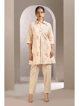 Cotton Culture - Light Peach Slub Cotton Embroidered Straight Tunic And Pant (Set of 2)