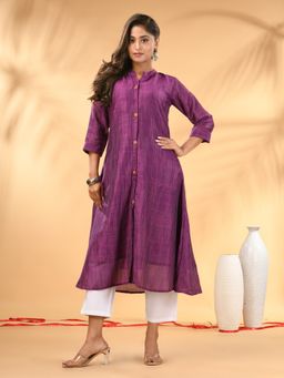 CHARUKRITI - Purple Textured Cotton Handloom A-Line Kurta With Pant (Set of 2)